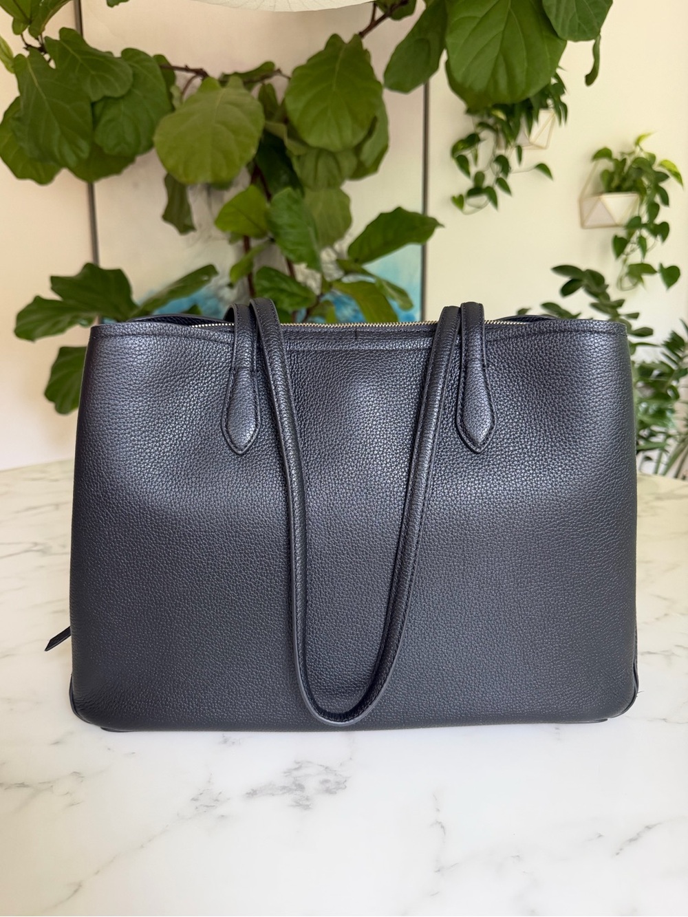 Quince Italian Leather Triple Compartment Work Tote Black Laptop Shoulder Bag - Picture 2 of 14